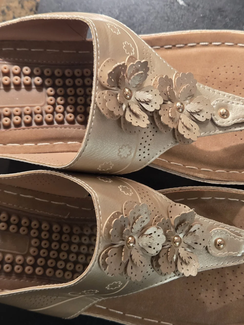 Women’s Wedge Sandals in Metallic Beige - Comfortable Floral Thong